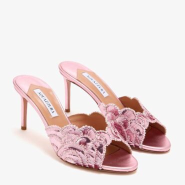 Aquazzura Ce Soir 75 mule in pink metallic leather