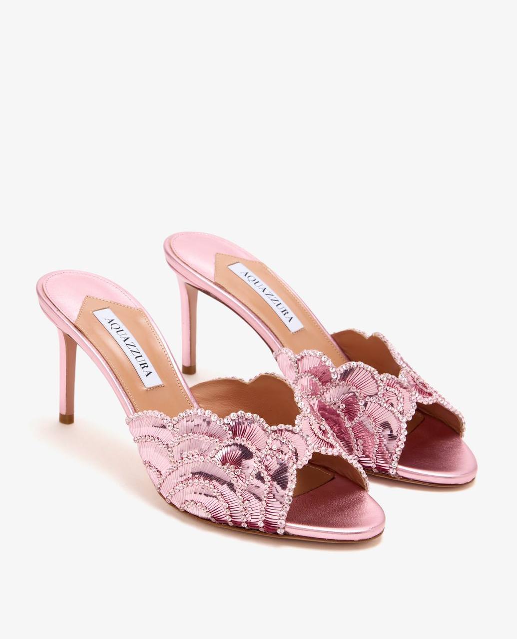 Aquazzura Ce Soir 75 mule in pink metallic leather