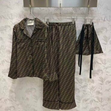 Fendi Brown Zucca Print Silk Pajama Top & Pants Set